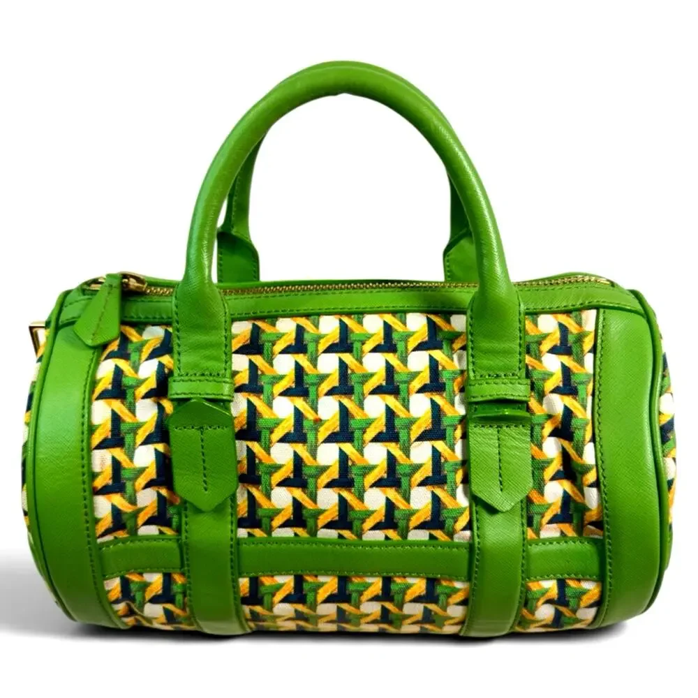 Tory Burch Green Nylon & Leather Boston Satchel Gold Hardware Bag Charm